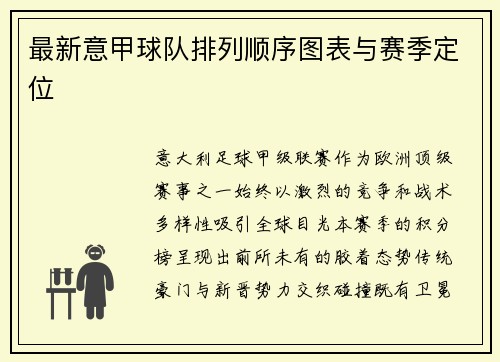 最新意甲球队排列顺序图表与赛季定位